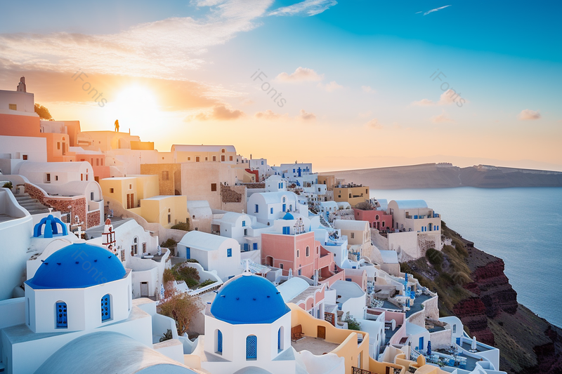 圣托里尼标志性景点建筑蓝顶教堂太阳城市半岛落日特色建筑旅游胜地建筑摄影旅行游记户外摄影旅行社广告背景,高清,摄影图,摄影图片,图片大全,摄影图免费下载